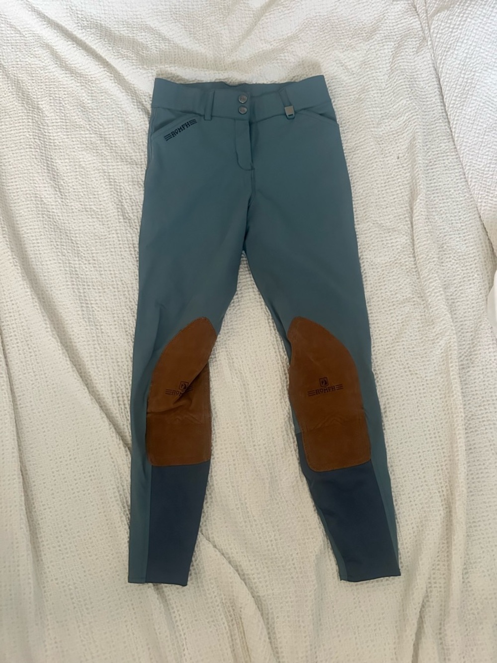 Romfh Women’s suede knee patch riding breeches in blue size 24R